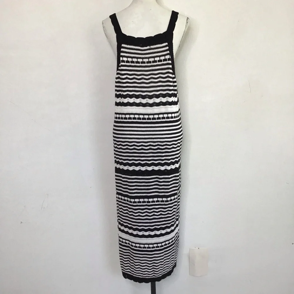 Joie Women Elegant Black White Monochrome Striped Knit Crochet Maxi Dress XL - Picture 2 of 11